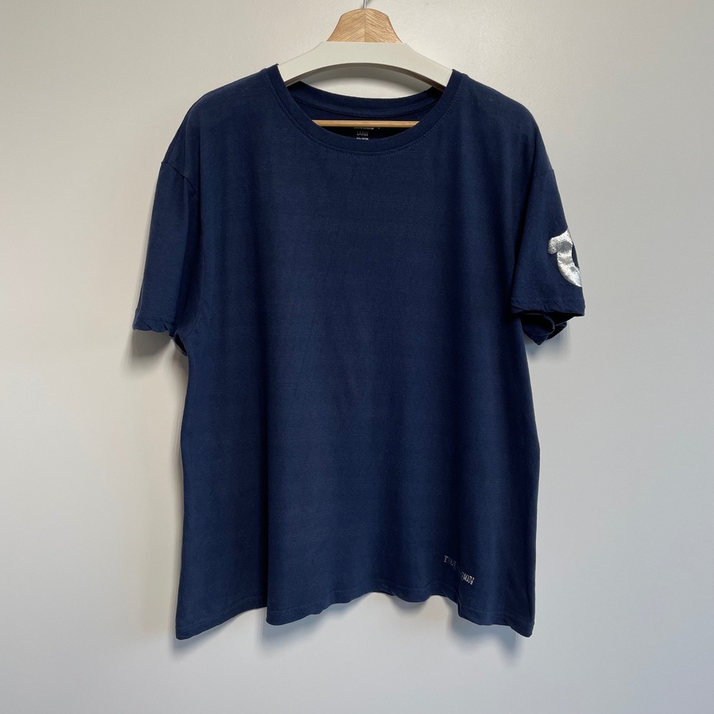 True Religion Mens Large Navy Blue Cotton T Shirt Metallic Horseshoe‎ Logo